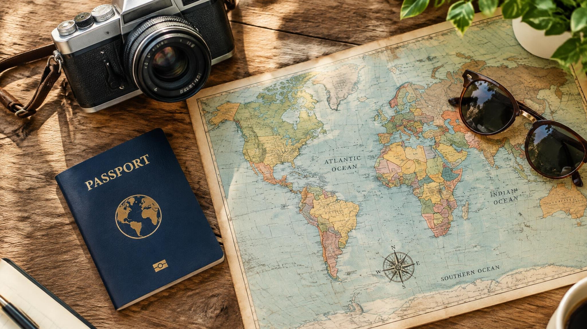 Travel planning with a map, passport and camera on a table