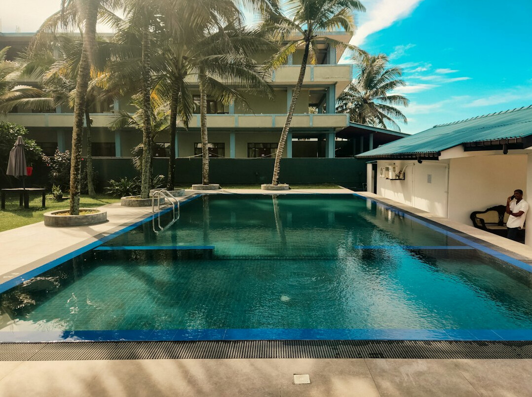 Resort swimming pool with palm trees and sun loungers