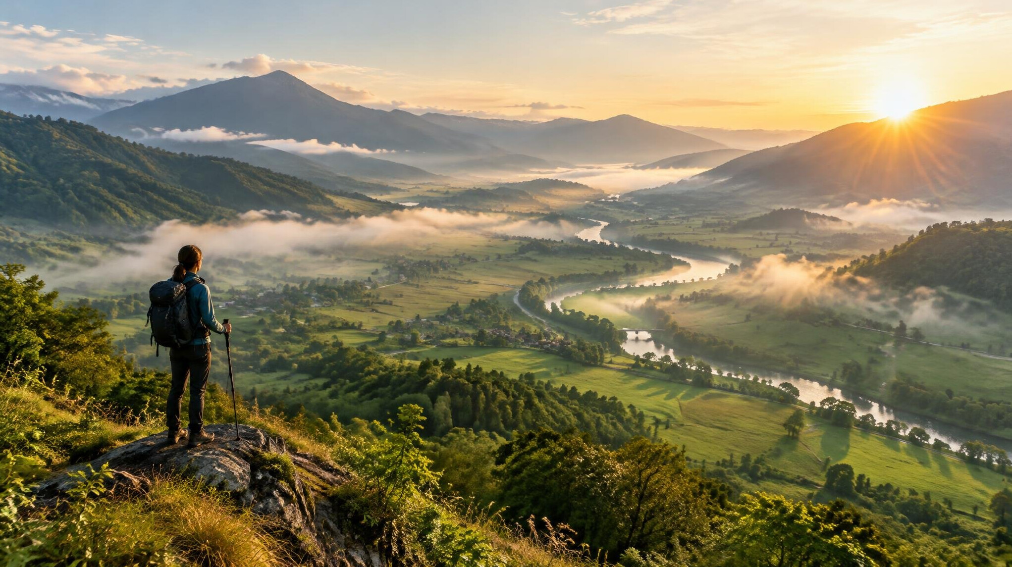 Traveler standing on a hill looking at a scenic valley